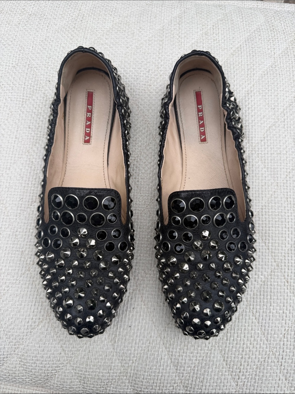 Prada Black Leather Studded Loafers
